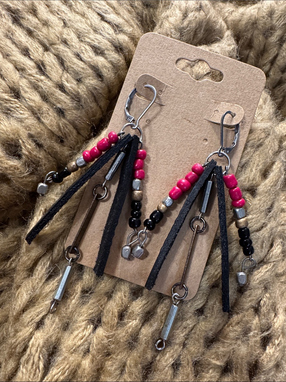 Handmade Black and Red Beaded Genuine Leather Fringe Earrings